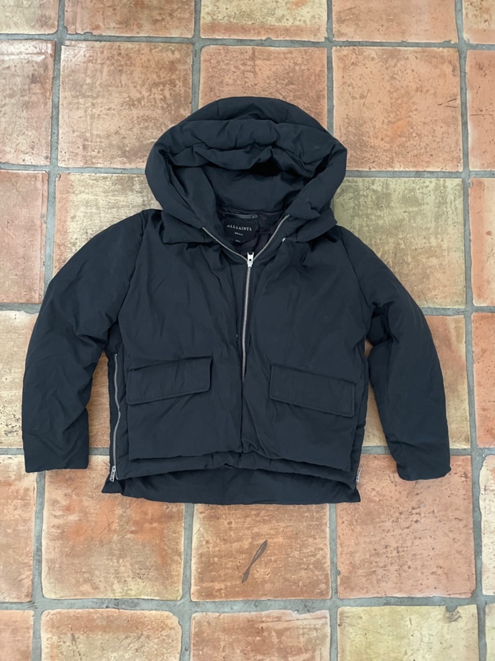 Price Drop 🔷 All Saints Small Estra Black Puffer Hooded Coat - Picture 3 of 15